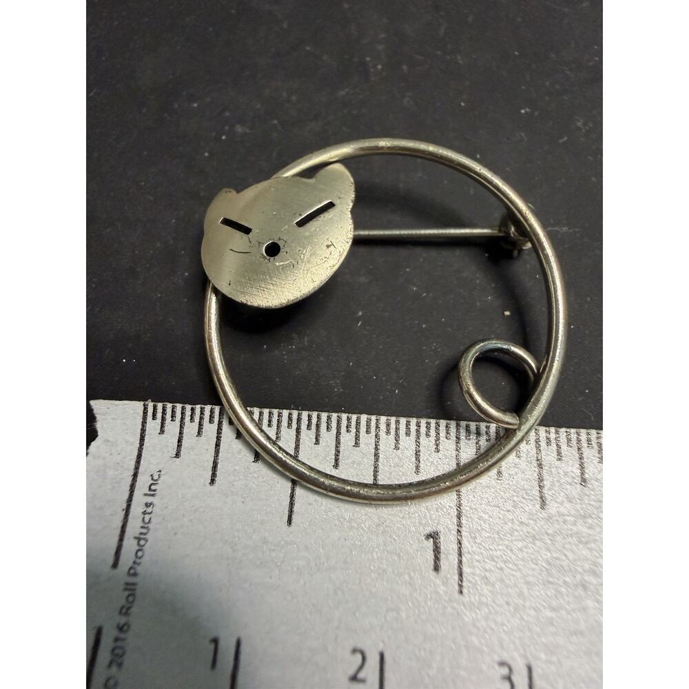 Vintage Sterling Silver Beau 925 Round Kitty Cat Brooch